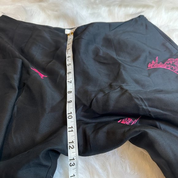 Silk Pants Ankle Side Zip Retro Novelty Print Dogs Travel Pink Embroidered Sz 16 - Picture 9 of 16